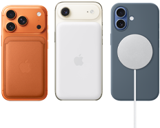 iPhone 17 Pro, back exterior, Cosmic Orange colour, FineWoven Wallet with MagSafe in Fox Orange colour; iPhone Air, back exterior, Cloud White colour, with Magsafe Battery; iPhone 17, back exterior, Mist Blue colour, with Silicone Case in Anchor Blue colour and MagSafe Charger